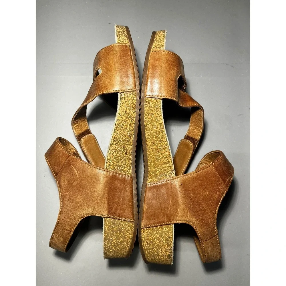 Josef Seibel Tonga Brown Leather Strappy Cork Wedge Sandals Size 39 Hook Loop